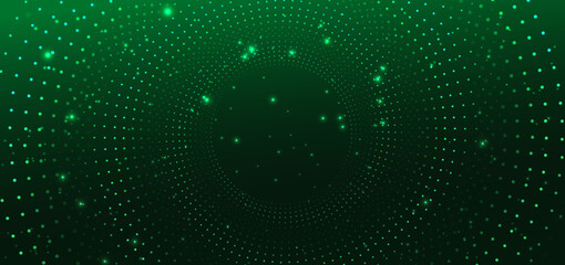 Abstract dotted glowing green swirl on dark green background with lighting effect.