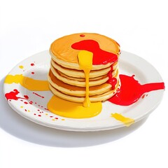 シロップと黄色と赤のペイントが飛び散ったカラフルなパンケーキ。
