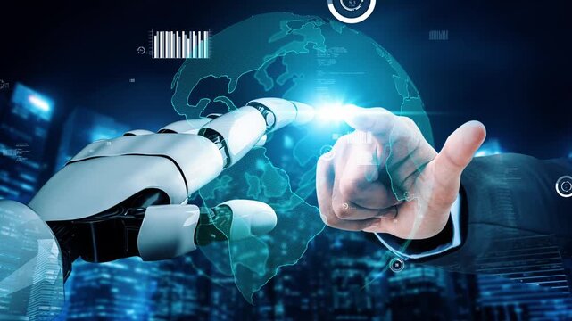 A compelling visual representation of human and robot interaction, highlighting the future of technology, digital communication, and collaborative advancements in society. Xenic