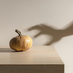 神秘的な手のシルエットの影が付いたミニマリストなカボチャの構成。