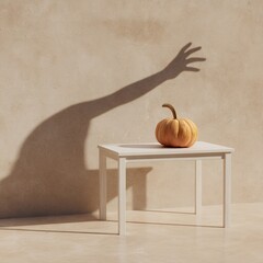 神秘的な手のシルエットの影が付いたミニマリストなカボチャの構成。