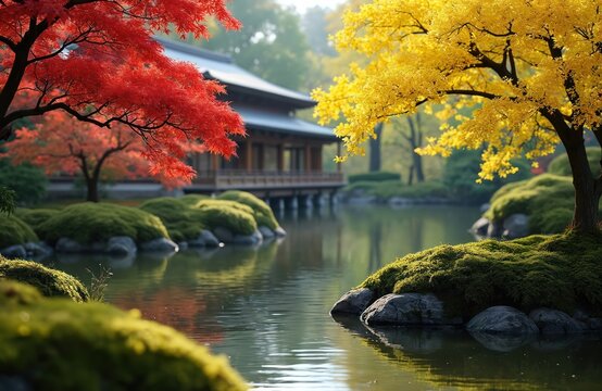 Japanese garden in autumn season with red maple, yellow tree foliage. Traditional wooden pavilion over calm pond with mossy stones. Peaceful asian park beautiful landscape with colorful leaves, still