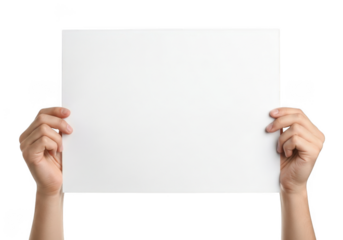Hands holding blank white paper sheet mockup template presentation advertisement signage display isolated on transparent background