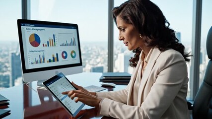 44_Focused young middle eastern Israel businesswoman using laptop pc online application for work isolated on white wall Indian or arabic woman in business suit holding computer doing data b 45256407 1 - Powered by Adobe