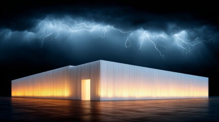 AI data center from the outside, with thick clouds and lightning in the background, stock bubble illustration 