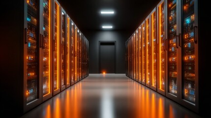 Fototapeta premium ultra modern AI datacenter interior, endless rows of glowing server racks, cool blue lighting, sleek futuristic design
