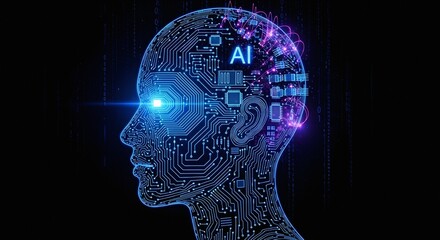 Fototapeta premium AI Icon Vector Illustration – Low-Poly Humanoid Robot Face with Digital Circuit Board and Abstract Human Head on Dark Blue Technology Background