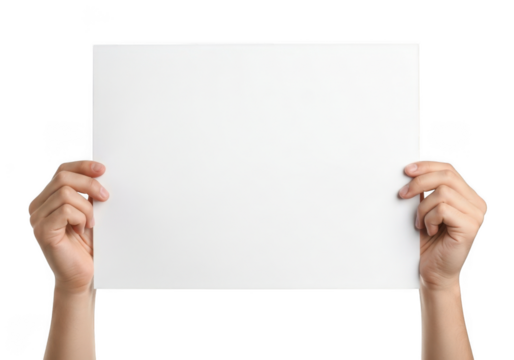 Hands holding blank white paper sheet mockup template presentation advertisement signage display isolated on transparent background