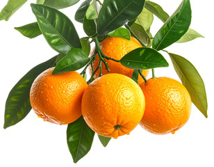  Fresh Orange Fruits with Green Leaves on Branch, Isolated on Transparent Background, PNG