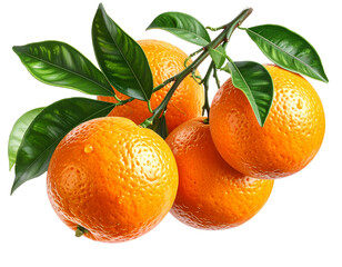 Fresh Orange Fruits with Green Leaves on Branch, Isolated on Transparent Background, PNG 
