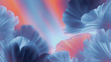 Vibrant floral abstract illustration featuring large blue petals against a soft gradient background of warm orange and cool blue tones, creating a serene and artistic atmosphere