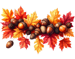  Autumn Leaves and Acorns Garland for Fall Seasonal Decoration, Isolated on Transparent Background, PNG