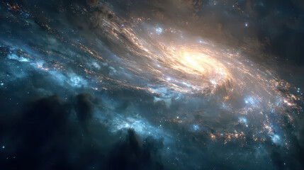 Fototapeta premium Blue Spiral Galaxy Surrounded by Cosmic Gas Clouds