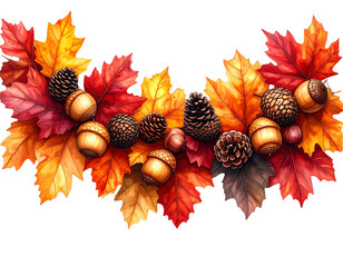  Autumn Leaves and Acorns Garland for Fall Seasonal Decoration, Isolated on Transparent Background, PNG 