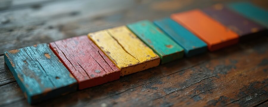 Row of wood blocks on aged table. Wooden cubes are painted in different colors. Planks are aligned diagonally. Colorful elements represent concepts of variety assortment choice palette or spectrum.