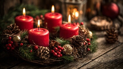 Stunning Christmas Advent Wreath with Red Candles and Natural Pine for a Warm Holiday Celebration