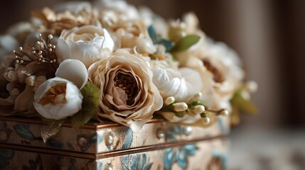 Extreme Close-up of a Bespoke Handcrafted Box for Elegant Bouquet and Wreath Display with Artistic Selective Lighting and Intricate Details