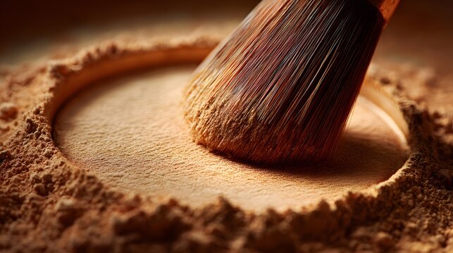 High Detail Macro Photography of a Compact Face Powder Bronzer Brusher Featuring Circular Copy Space and Subtle Makeup Background Emphasizing Selective Focus