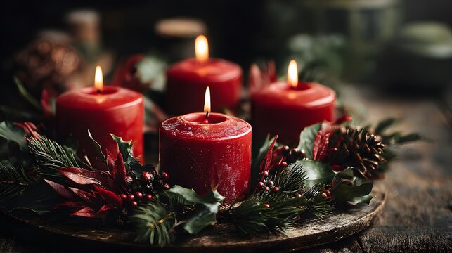 Beautiful Christmas Advent Wreath with Candles and Natural Elements on a Vintage Wooden Table - Powered by Adobe