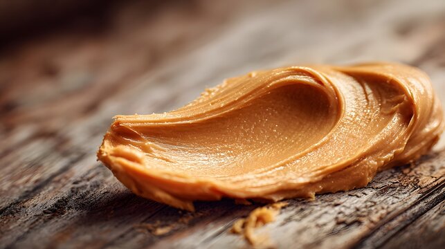 Artistic macro capture of creamy, natural peanut butter elegantly presented on a weathered wooden surface, highlighting every intricate detail in ultra realistic resolution with a warm rustic vibe
