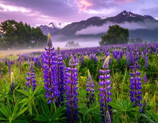 A vibrant field of purple wildflowers blooms beneath misty mountains during a sunset
