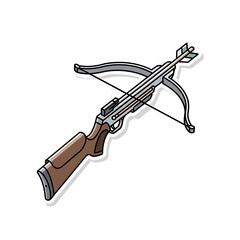 An illustrated crossbow, angled slightly. It shows details like the limbs, stock, trigger, and arrow. Isolated on a black background