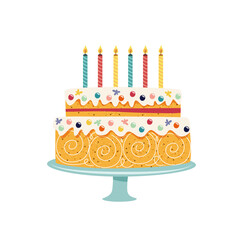 Birthday cake with burning candles on a stand. Celebration dessert for party. Festive treat with frosting and sprinkles.