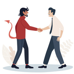 Devil in red clothes with horns shaking hand with man in shirt and tie. Unfair business deal. Bad contract or agreement concept illustration.