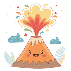 Cute cartoon volcano character erupting with colorful lava and smoke, surrounded by clouds and leaves. Creative vector illustration for kid design.
