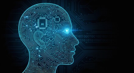 Obraz premium AI Icon Vector Illustration – Low-Poly Humanoid Robot Face with Digital Circuit Board and Abstract Human Head on Dark Blue Technology Background