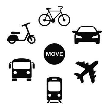 Transportation icons including bicycle, scooter, car, bus, airplane, and train, all surrounding the word move