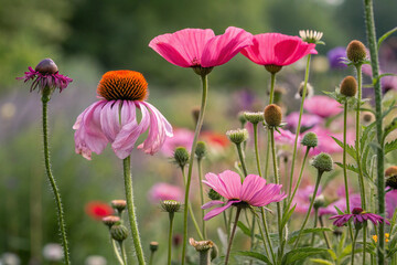 Vibrant pink echinacea flowers blooming in a summer garden.