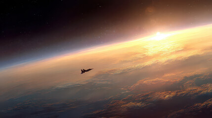 Spaceship Flying Over Alien Planet at Sunrise