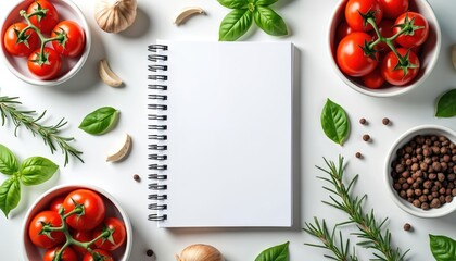 Blank recipe notebook with fresh cooking ingredients arranged around. Red tomatoes in bowls, green basil leaves, rosemary sprigs, garlic, peppercorns surround spiral bound book. Healthy meal prep