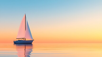 Fototapeta premium A sleek sailboat glides across a serene lake its reflection mirroring the vibrant orange and yellow sunset sky