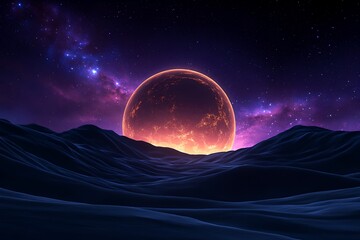 A stunning cosmic landscape featuring a massive glowing planet rising over a rugged mountainous horizon set against a starry night sky