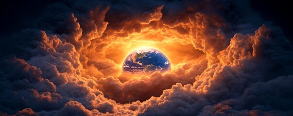 A stunning panoramic view of the Earth surrounded by dramatic glowing clouds in the vast celestial sky