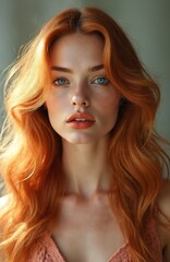 Naklejka premium Close up portrait of young woman with long red wavy hair, blue eyes. Sunlight illuminates vibrant ginger hair, smooth face. Looks at camera. Beauty model for hair care product ad campaign, cosmetic