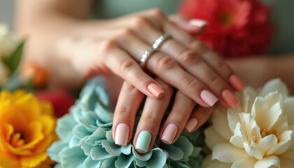 Woman hands with pastel color manicure nails rest on colorful flowers. Fingers display pink, peach, mint green polish. Elegant ring on hand. Beauty salon, nail care, spring fashion, spa treatment,