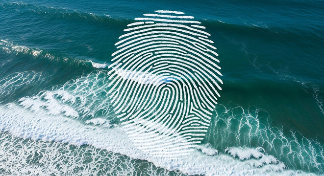 Fingerprint overlay on ocean waves aerial view, blue water and foam