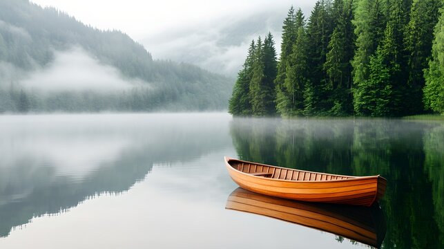 A tranquil scene of a wooden canoe or boat docked on a calm misty lake surrounded by a dense lush green forest in a remote natural landscape