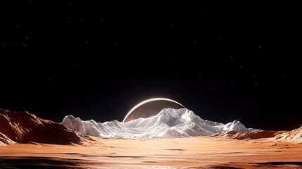 Dramatic moonlit desert landscape featuring towering mountains deep canyons and an expansive lunar orb illuminating the barren desolate terrain