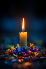 glowing candle surrounded by petals and shadows, symbolic of lost love and remembrance, minimalist fine art