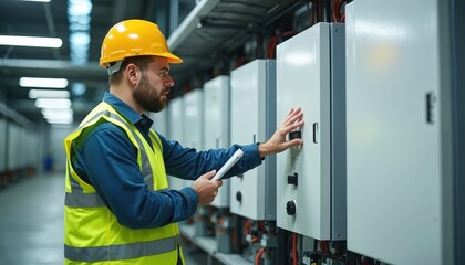 Technician in yellow hard hat inspects electrical equipment inside modern building. Worker checks power inverter system for solar energy panels. Maintenance man holds tablet for data logging.