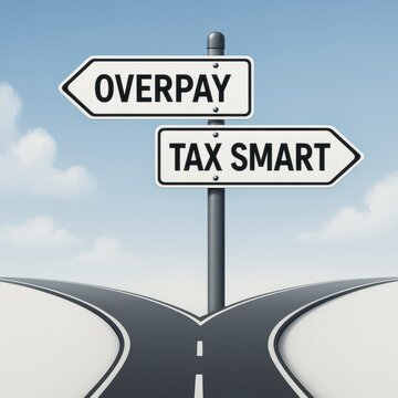 Tax Efficient Strategies. Signpost illustrating two choices: Overpay or Tax Smart, symbolizing financial decisions.