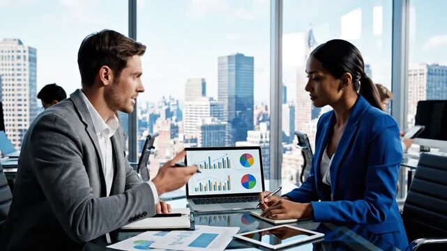 34_Team of young European business man and Latin business woman discussing project sitting at table in office Business people work together Female mentor leader coach have meeting with 72474812 1