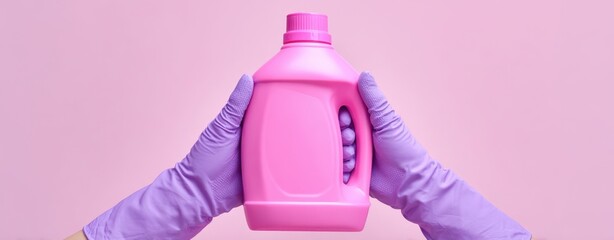 The Pink Laundry Detergent Bottle Held by Gloved Hands on Pastel Background