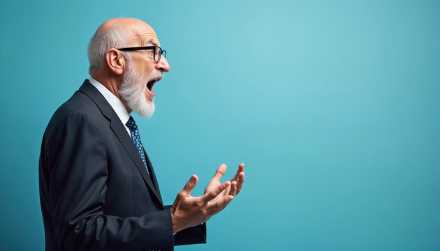 Elderly man in suit with open mouth shouts, gesturing with hands. Intense profile view shows frustration, anger, or excitement against blue backdrop. Expressive face conveys strong emotion.
