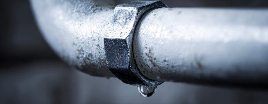The Pipe With a Single Water Droplet Hanging From a Metal Clamp in Close-Up