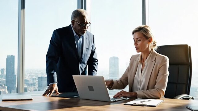 32_Mature mentor man and European leader woman discussing project on laptop in office Two diverse partners colleagues team of confident professional business people work together Banner cop 67967797 1